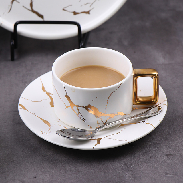 Taza de café de mármol, taza de capuchino de porcelana blanca para café