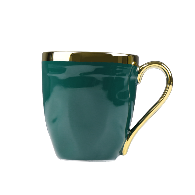 Taza de cerámica verde con borde dorado