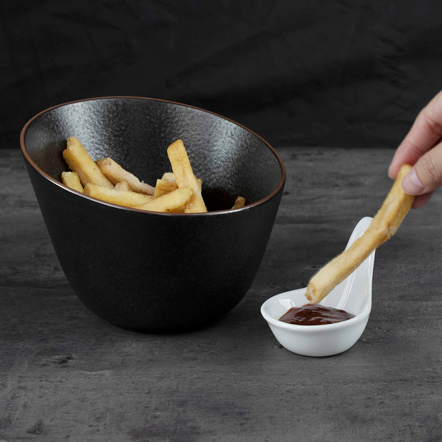 Cuenco inclinado de cerámica, plato de aperitivos de porcelana negra, platos para patatas fritas, cuencos