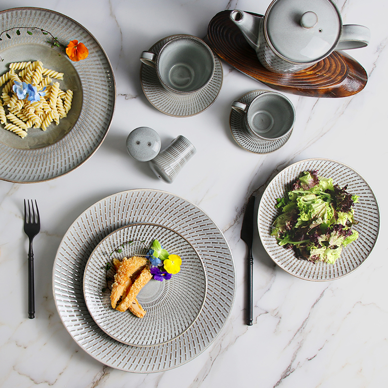 Platos al por mayor restaurante vajilla estilo rústico gres gris plato hondo porcelana vajilla china