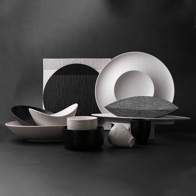 Juego de vajilla de gres, colección de platos de porcelana mate en blanco y negro