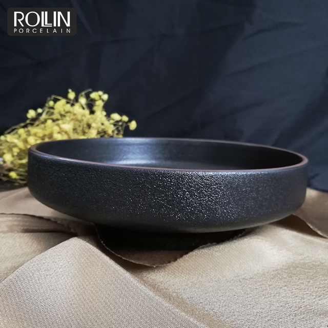 Plato hondo de cerámica negro, plato hondo de porcelana, plato para estofado para restaurante