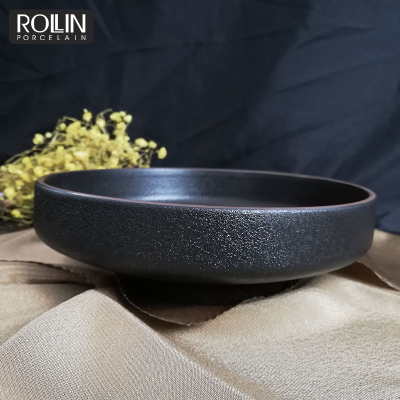 Plato hondo de cerámica negro, plato hondo de porcelana, plato para estofado para restaurante