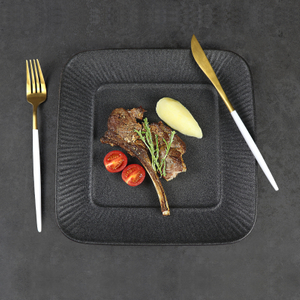 Plato de cena cuadrado negro, vajilla de porcelana para restaurante