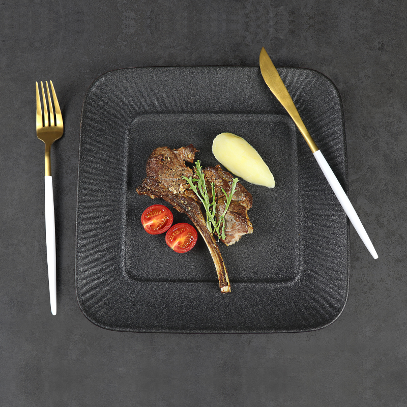 Plato de cena cuadrado negro, vajilla de porcelana para restaurante