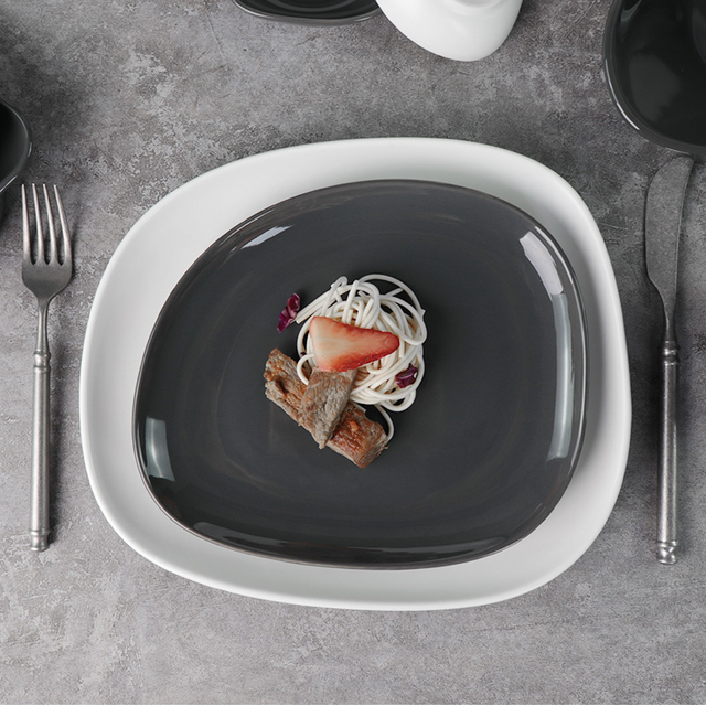 Vajilla de porcelana Eestaurant Terr Swirl Marks Placa cuadrada irregular blanca mate gris 
