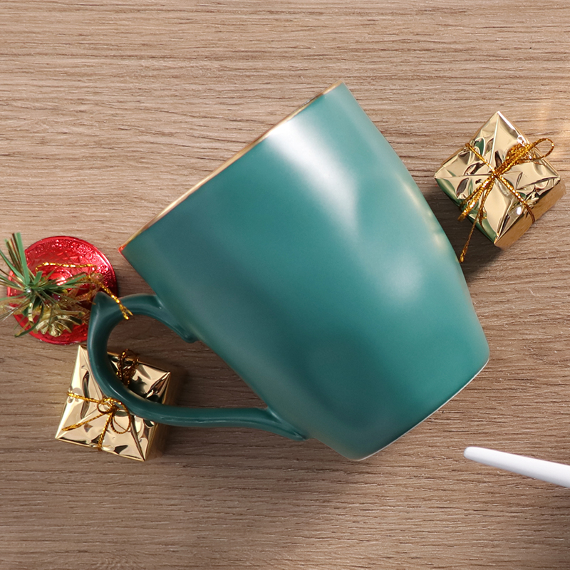 Tazas de porcelana con borde dorado, tazas de cerámica verdes navideñas