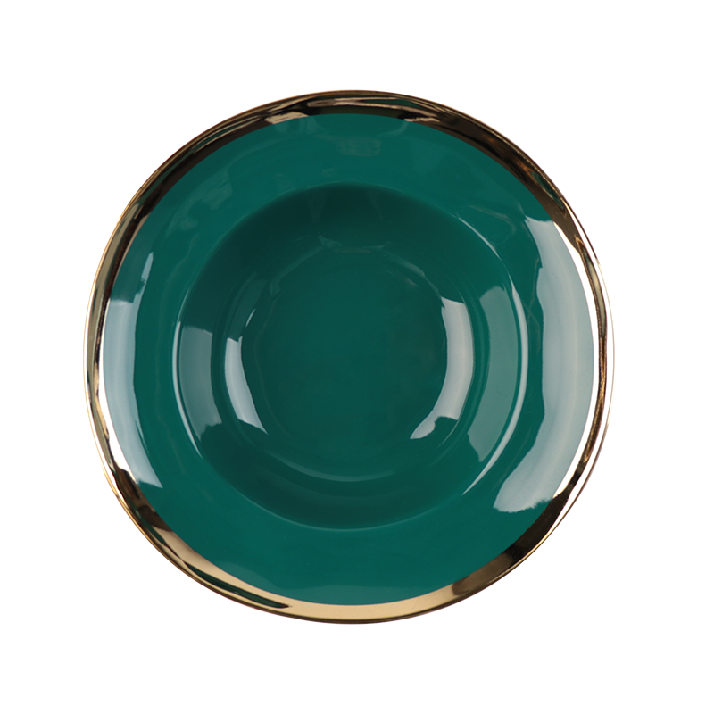 Plato hondo de cerámica con borde dorado de diseño de moda