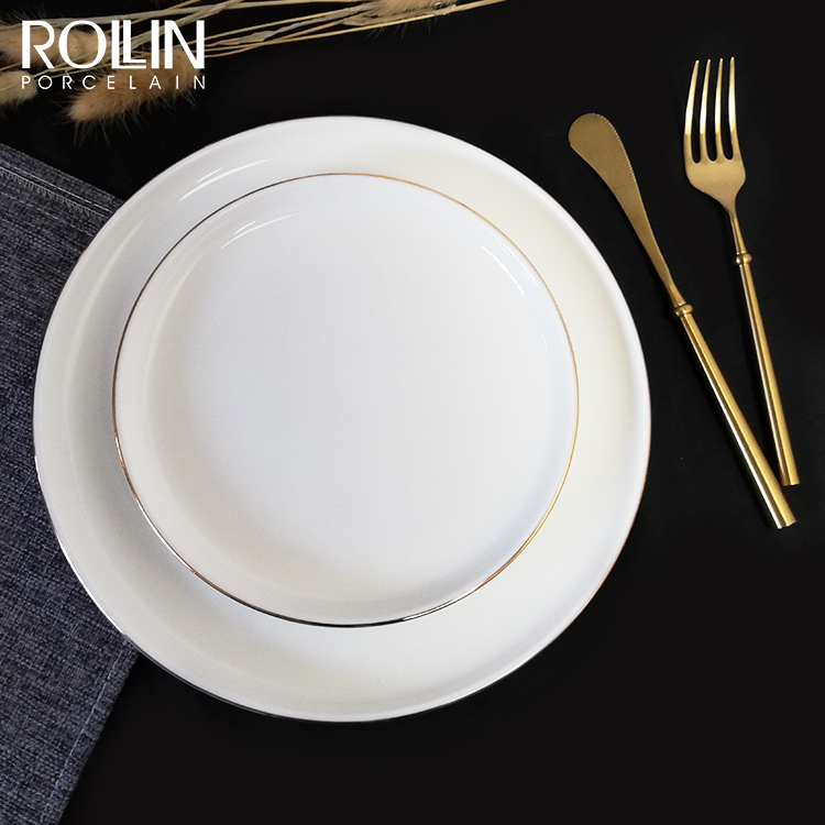 Vajilla de cerámica para cena de hotel, vajilla con pintura dorada, calcomanía dorada de porcelana, plato llano