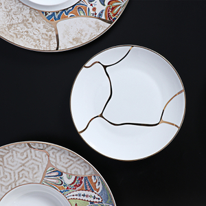 FURUI 8 Plato con Borde Dorado Plato de Cena de Porcelana de Hueso Plato Lateral