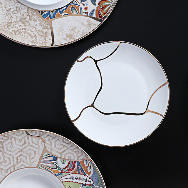FURUI 8 Plato con Borde Dorado Plato de Cena de Porcelana de Hueso Plato Lateral