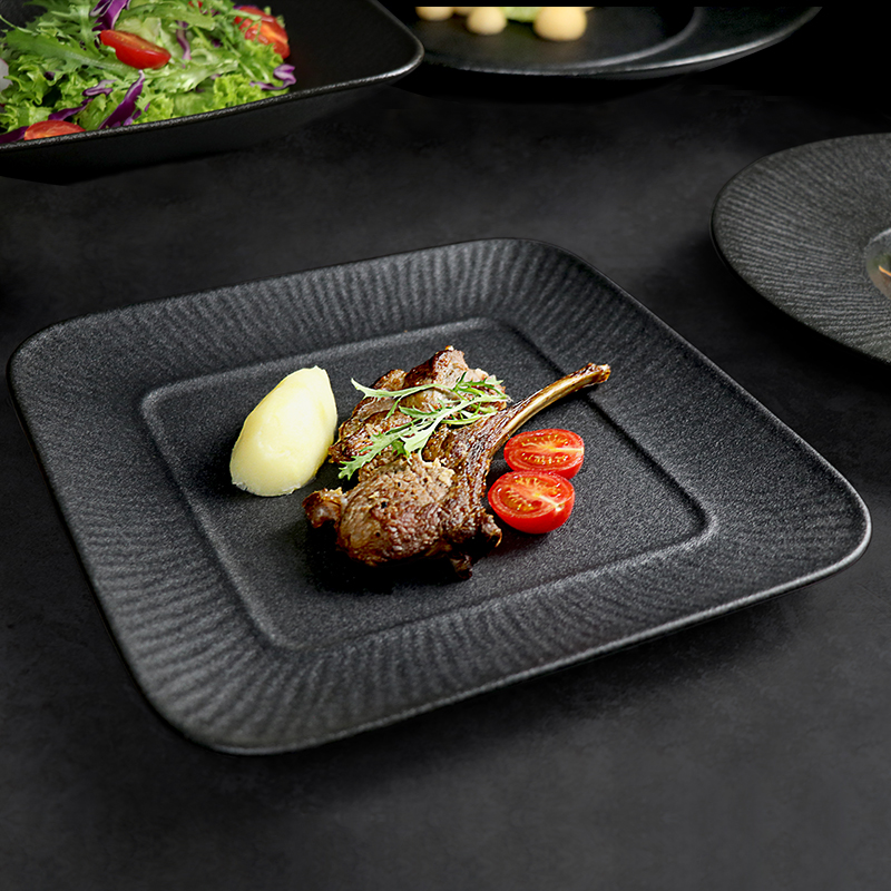 Plato de cena cuadrado negro, vajilla de porcelana para restaurante