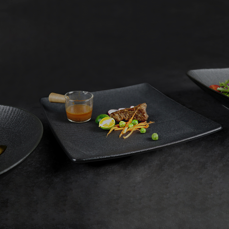 Plato de cena cuadrado negro, vajilla de porcelana para restaurante