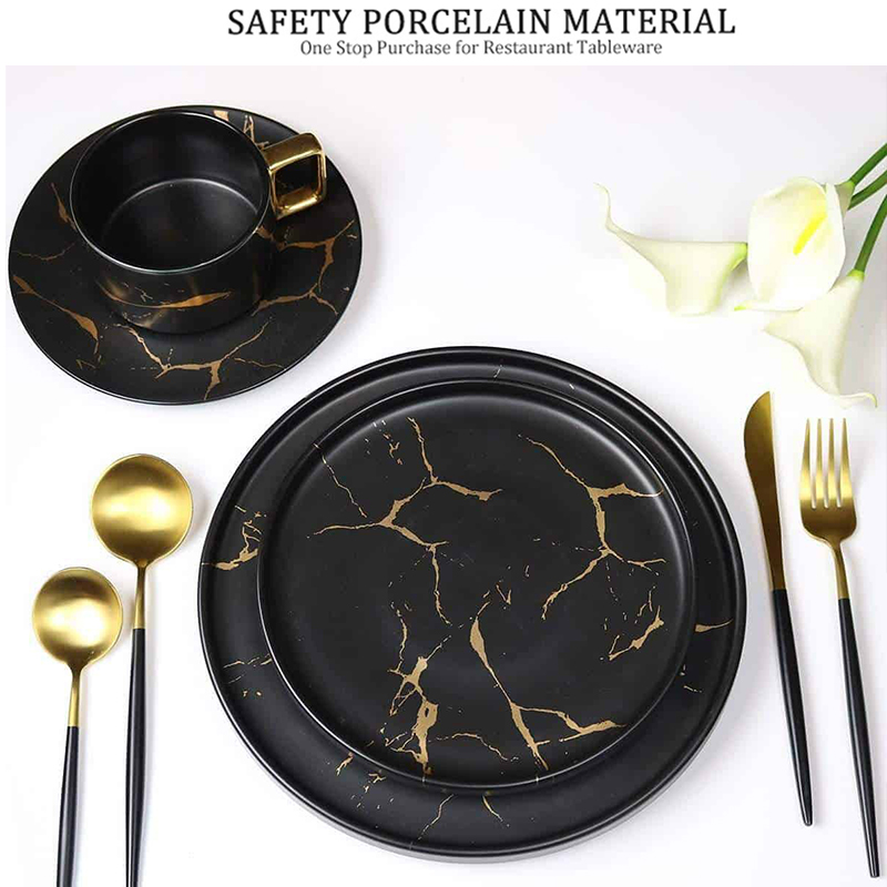 Vajilla China, plato de vajilla a granel barato de mármol negro dorado con forma redonda, platos de cena para restaurante, plato de cena de 10 pulgadas