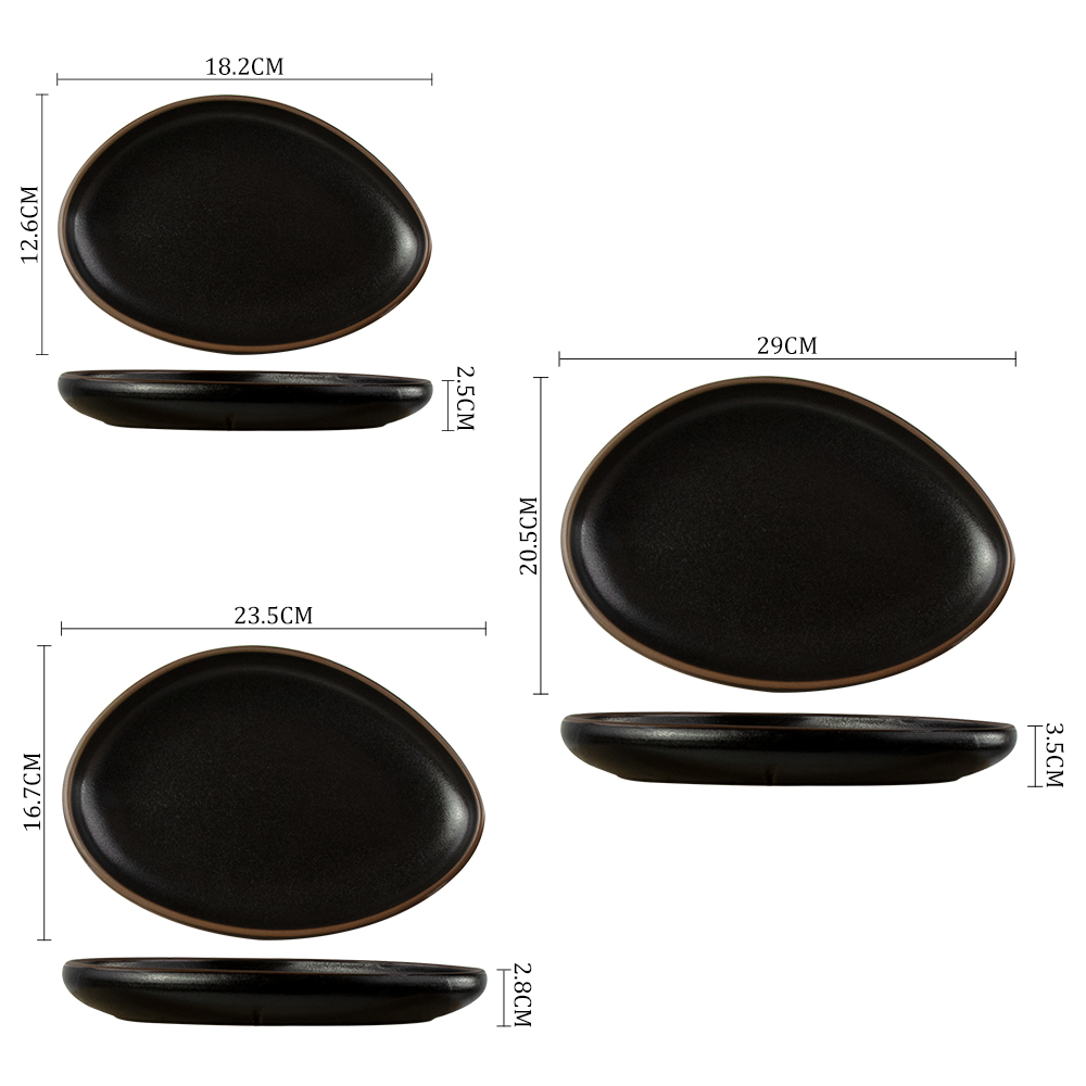 Plato de cerámica irregular, vajilla, platos de cena, platos negros de cerámica