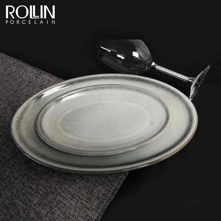 Vajilla ovalada de la porcelana de la placa del esmalte reactivo, pulgada de cerámica Plate14 de los restaurantes