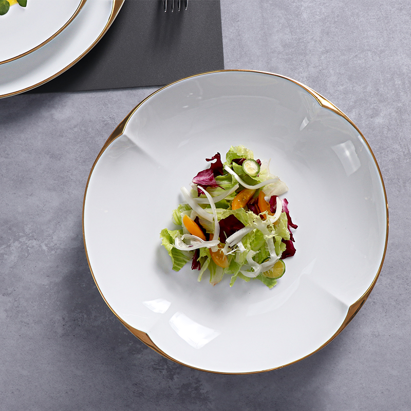 Plato de cena redondo irregular, platos con borde dorado, utensilios de cocina de cerámica