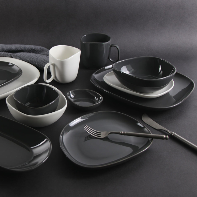 ROLLIN PORCELAIN Juego de vajilla de gres irregular de 16 piezas: plato de cena cuadrado plano, plato lateral, tazón y taza 