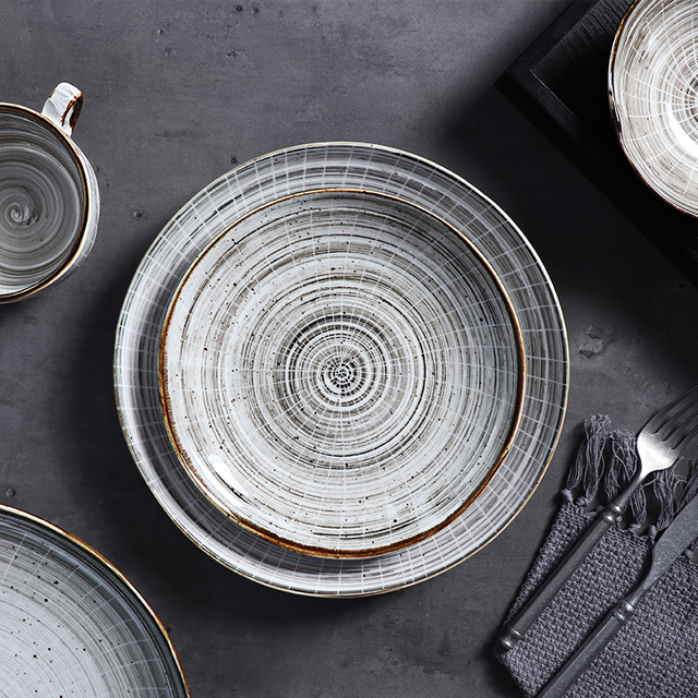 Vajilla para restaurante de Dubái, juego de Platos de porcelana de comida occidental, plato de cerámica gris moteado plano hecho a mano