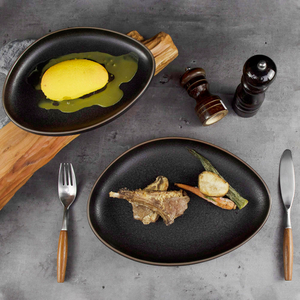 Plato de cerámica irregular, vajilla, platos de cena, platos negros de cerámica