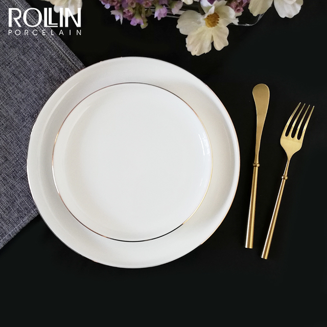 Vajilla de cerámica para cena de hotel, vajilla con pintura dorada, calcomanía dorada de porcelana, plato llano