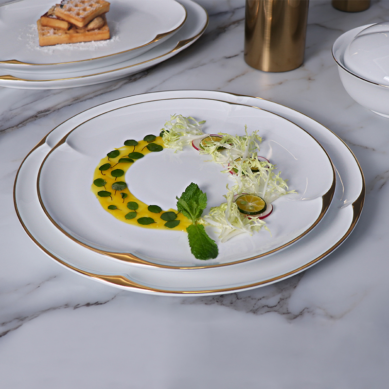 Plato de cena redondo irregular, platos con borde dorado, utensilios de cocina de cerámica