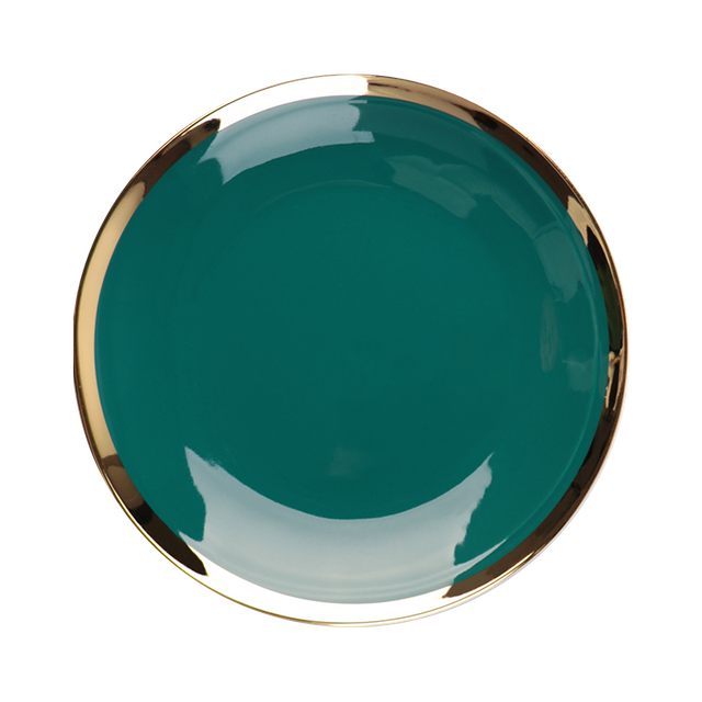 Plato redondo de cerámica de color verde irregular con borde dorado