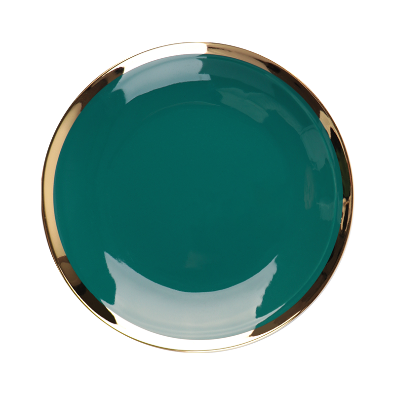 Plato redondo de cerámica de color verde irregular con borde dorado