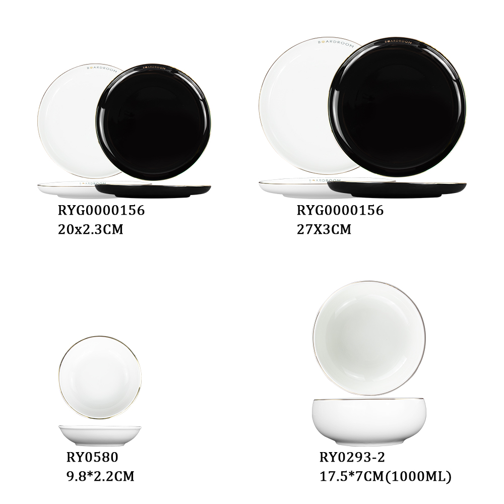 Plato de cena personalizado de porcelana blanca y negra con borde dorado 