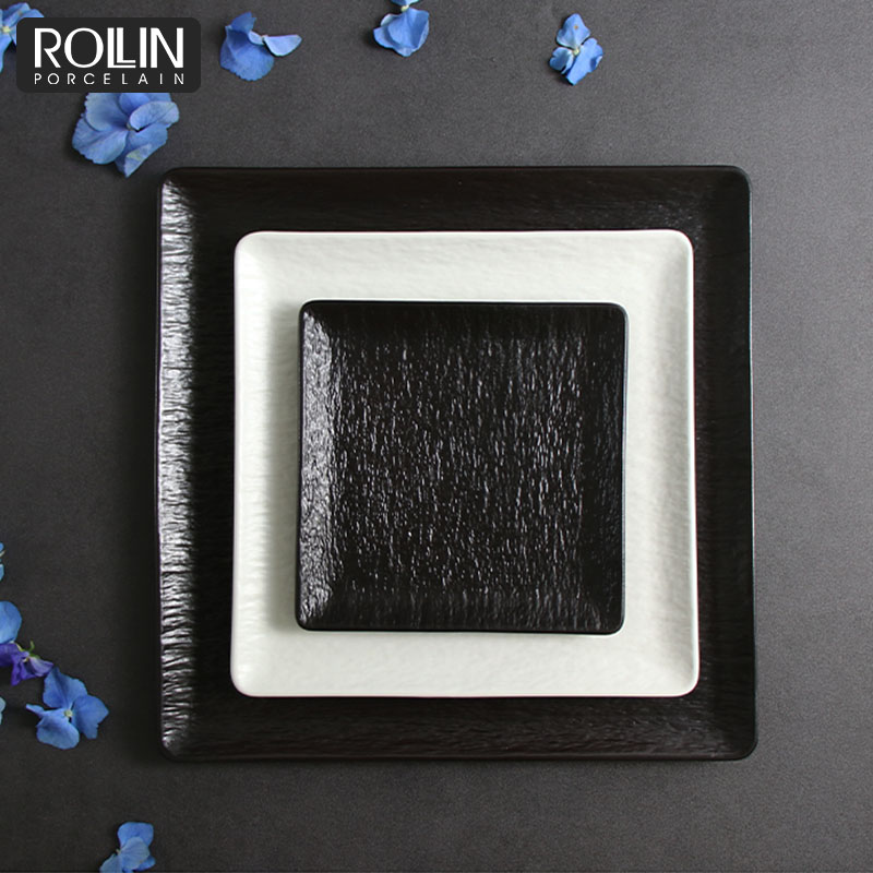 Platos de carga negros, plato cuadrado blanco y negro, juego de platos de gres de China, vajilla apta para lavavajillas para Hotel