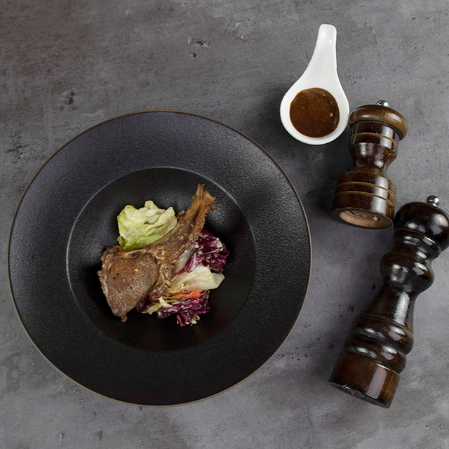 Plato hondo de cerámica negro para sopa, plato de pasta profundo, vajilla para restaurante
