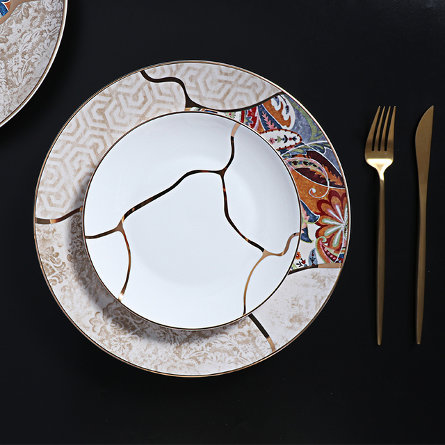 Platos llanos con borde dorado, juego de platos de porcelana china para salón de baile lujoso