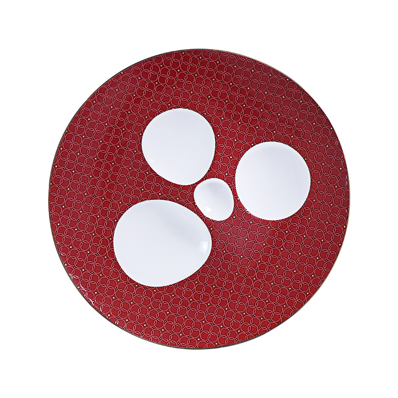 Plato de postre de 12 pulgadas, plato de porcelana de hueso blanco rojo de lujo, plato de aperitivo