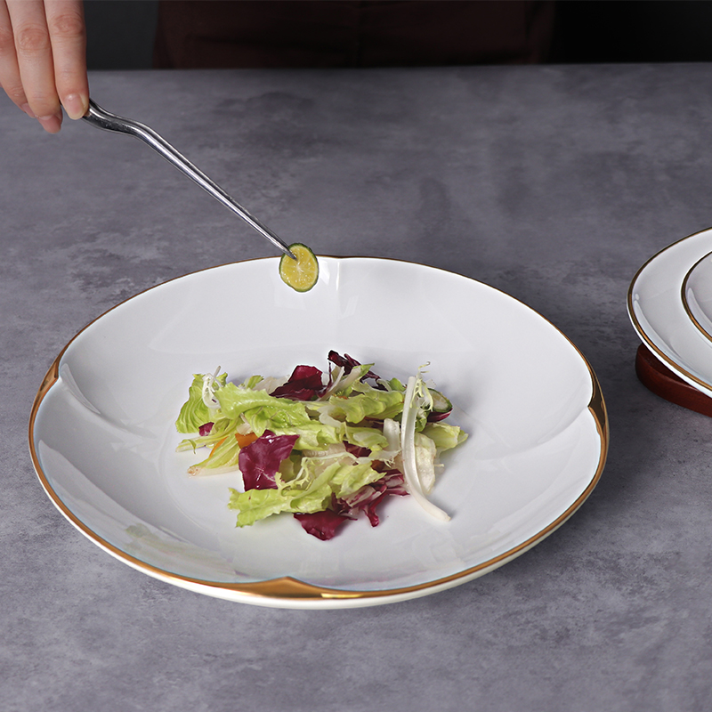Plato de cena redondo irregular, platos con borde dorado, utensilios de cocina de cerámica