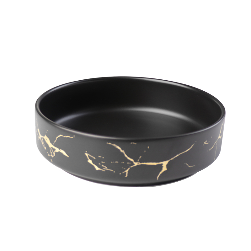 Plato apilable Plato de vajilla de porcelana con borde recto y vetas de mármol-Negro