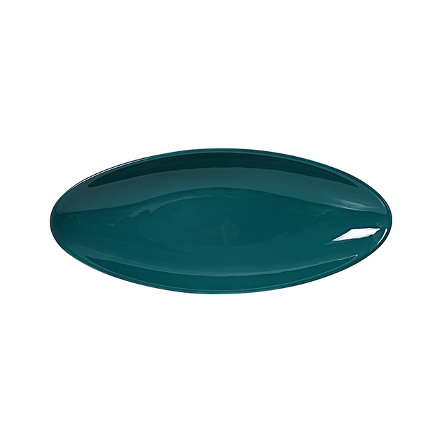 Plato llano de cerámica verde oscuro esmaltado brillante, forma ovalada 