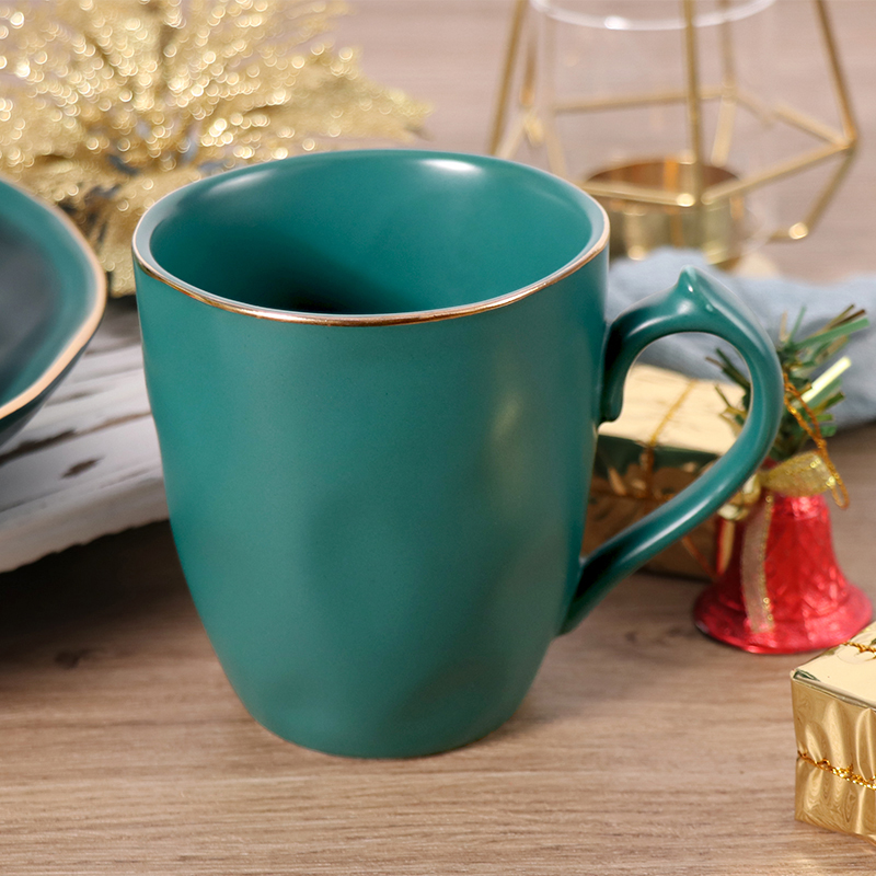Tazas de porcelana con borde dorado, tazas de cerámica verdes navideñas