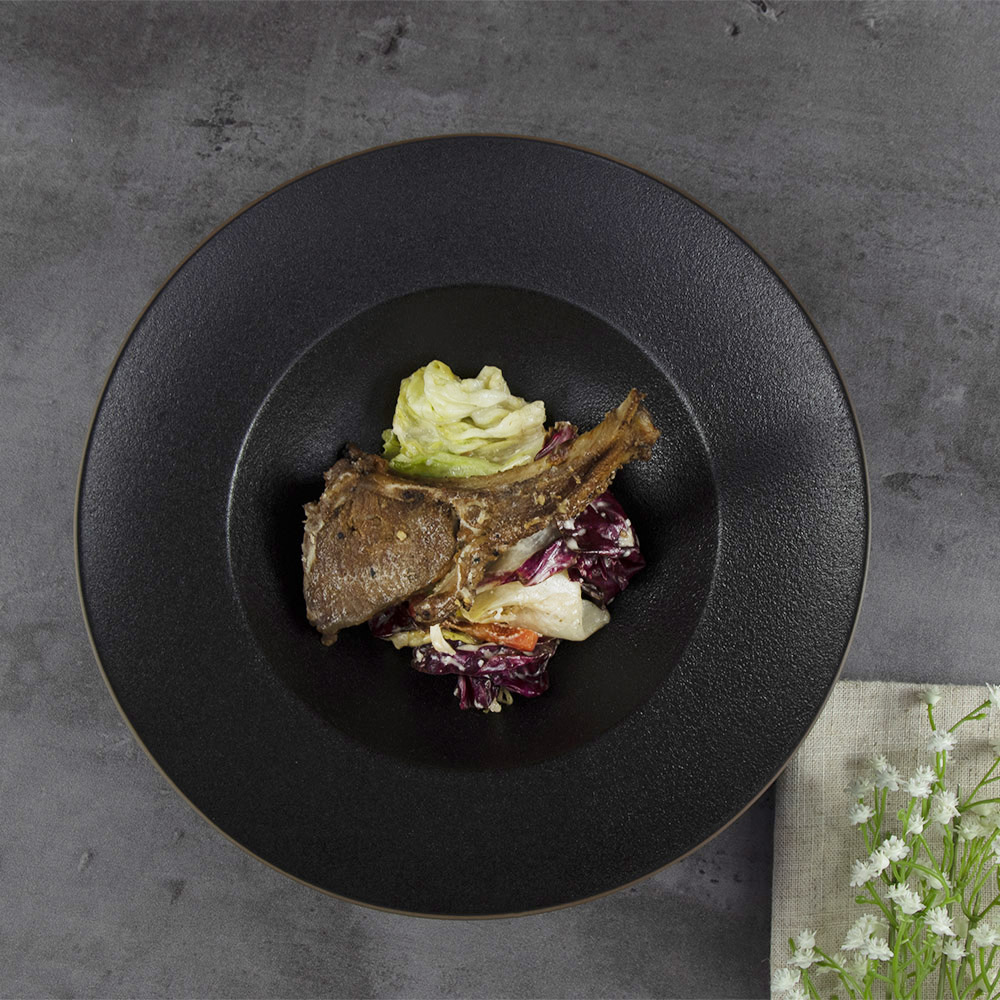 Plato hondo de cerámica negro para sopa, plato de pasta profundo, vajilla para restaurante