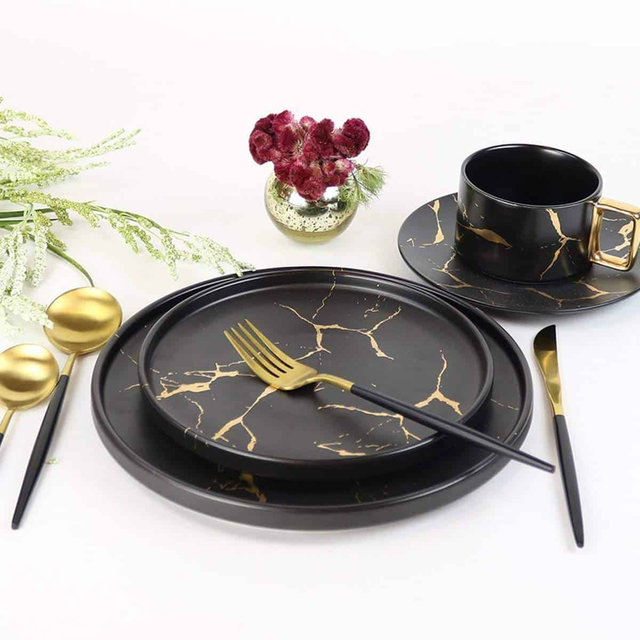 Vajilla China, plato de vajilla a granel barato de mármol negro dorado con forma redonda, platos de cena para restaurante, plato de cena de 10 pulgadas
