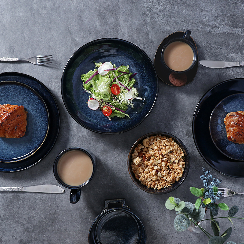 Plato de cerámica, utensilios de cocina de cerámica de porcelana, platos de servicio occidental de color azul oscuro, vajilla mate, juego de cuencos de arroz