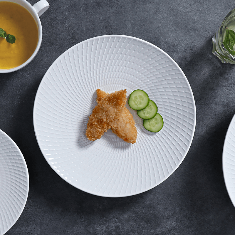 Proveedor de Hotel de Guangzhou, platos de cena blancos, plato de fiesta de cerámica para cenas finas, plato de porcelana blanca personalizado para restaurante