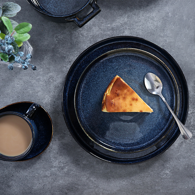 Plato de cerámica, utensilios de cocina de cerámica de porcelana, platos de servicio occidental de color azul oscuro, vajilla mate, juego de cuencos de arroz