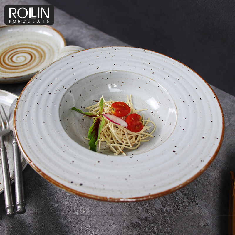 Plato de vajilla para sopa de 420ml, plato de Pasta de gres rústico, vajilla, platos de Pasta para restaurantes 