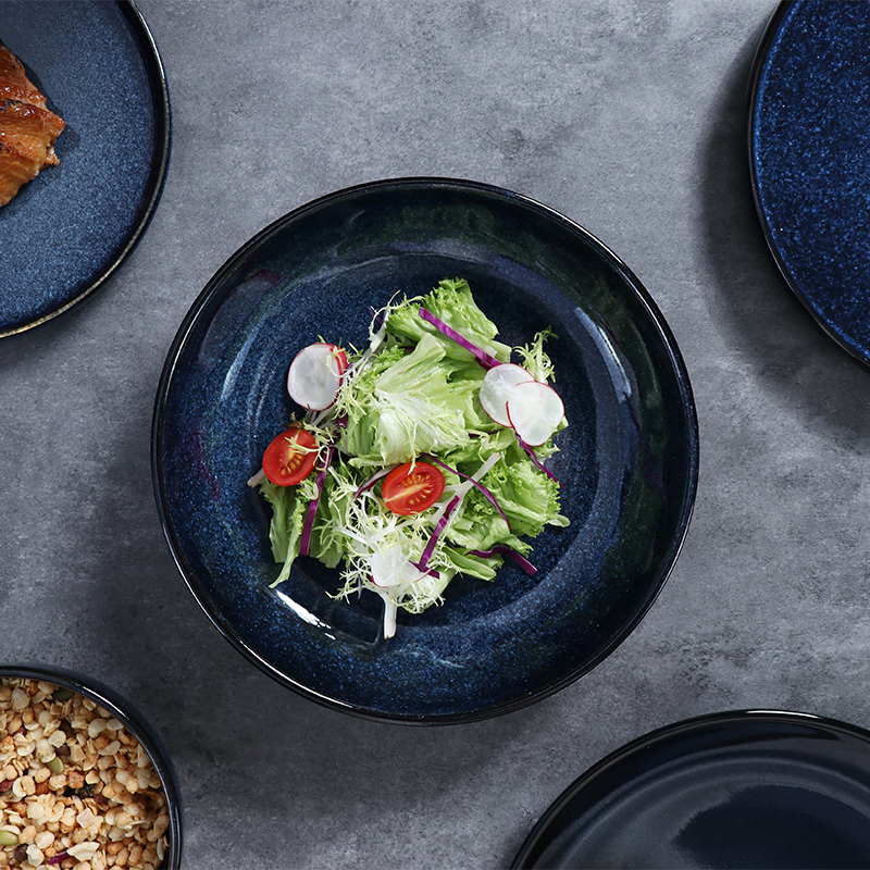 Plato de cerámica, utensilios de cocina de cerámica de porcelana, platos de servicio occidental de color azul oscuro, vajilla mate, juego de cuencos de arroz