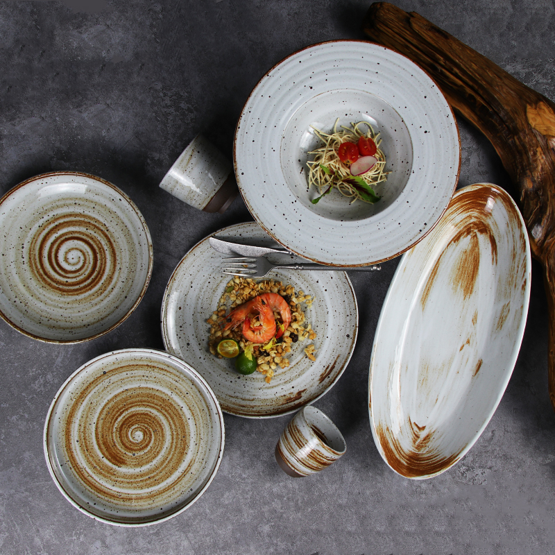 Plato de vajilla para sopa de 420ml, plato de Pasta de gres rústico, vajilla, platos de Pasta para restaurantes 